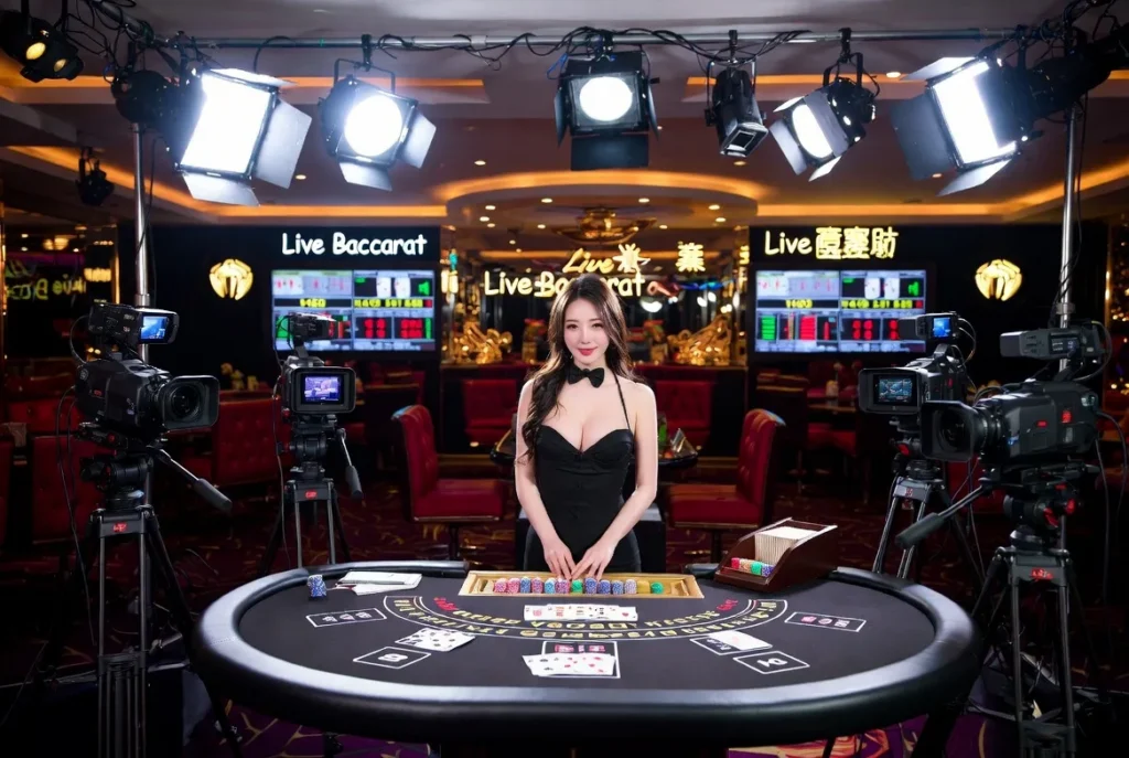 - 香港Gameone娛樂城全新會員福利 - 入金00即返送00! Hostess in a black dress stands at a casino baccarat table, surrounded by cameras and bright studio lights in a live‑casino setup.