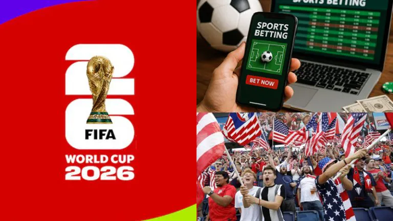 - 香港Gameone娛樂城全新會員福利 - 入金00即返送00! Collage featuring FIFA World Cup 2026 logo, a mobile sports-betting app, and cheering American fans with flags.