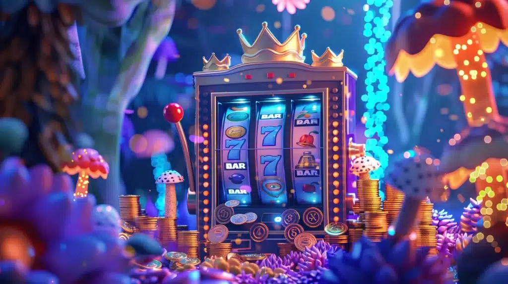 Colorful crown-topped slot machine with three spinning reels, surrounded by coins and a neon fantasy arcade setting.