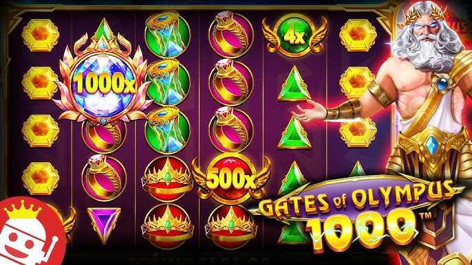 Zeus-themed slot game screenshot with gold symbols, gems, and a large 1000x bonus badge on the left; 'Gates of Olympus 1000' title on the bottom right.