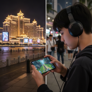 Young person wearing large headphones plays a mobile game on a phone in a nighttime cityscape by a lit waterfront.