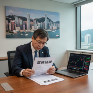 A businessman in a suit reading papers at a wooden desk, with a laptop showing a stock chart and city skyline outside the window.