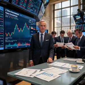 A suited man stands at a desk with papers and coffee cups, as coworkers review documents near a wall of stock market charts.