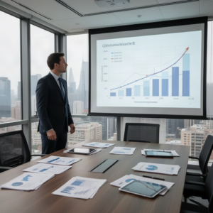 Businessman in a suit presents data on a projection screen in a modern conference room with a city skyline; table is covered with reports and charts.