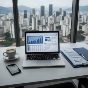 Laptop shows business charts on a desk by a window with a city skyline; coffee cup, smartphone, and notebook nearby.