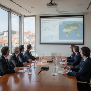 Group of business professionals seated around a conference table watching a presentation projected on a screen, which shows charts and a world map.