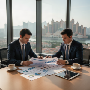 Two businessmen in suits review charts and graphs on a conference table in a high-rise office with city skyline outside the window.