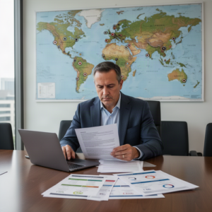 Businessman in a suit reviews papers at a conference table with a laptop, charts, and a world map backdrop.