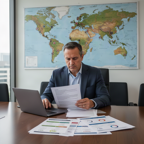 Businessman in a suit reviews papers at a conference table with a laptop, charts, and a world map backdrop.