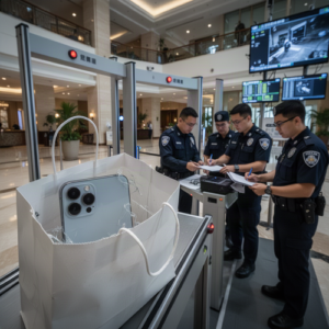 Four police officers review documents at a mall security checkpoint while a white bag containing a cracked smartphone sits on the baggage scanner belt with security monitors in the background