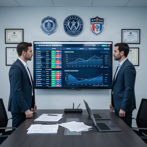 Two businessmen in suits stand by a wall-mounted dashboard showing graphs and stock data; certificates and logos on the wall behind.