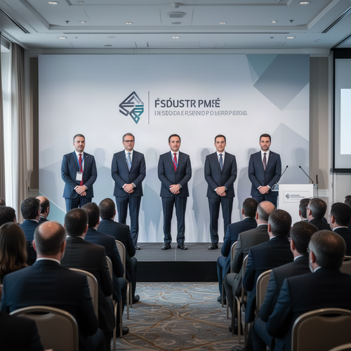 Five men in dark suits stand in a row on a conference stage with hands clasped, an audience seated before them, and a backdrop featuring a company logo and geometric design.