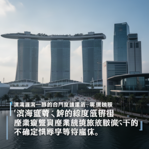 Singapore's Marina Bay Sands hotel with a boat-shaped roof and the skyline, overlaid with Chinese caption text at the bottom.