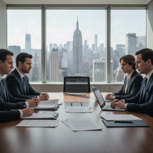 Six businesspeople in suits sit around a conference table in a modern office, with laptops and documents, city skyline visible through the windows behind them.