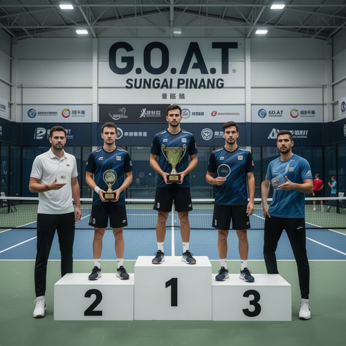 Five players on an indoor tennis court podium; center winner holds a trophy, GOAT Sungai Pinang banner behind.
