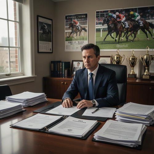 Businessman in a navy suit sits at a wooden desk with stacked papers, reviewing documents; horse racing posters and trophies in the background.