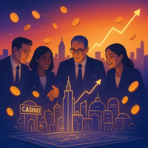 - 香港Gameone娛樂城全新會員福利 - 入金00即返送00! - 香港Gameone娛樂城全新會員福利 - 入金00即返送00! Four suited professionals discussing a glowing city skyline with a rising arrow and floating coins, suggesting growth in finance or gambling. l