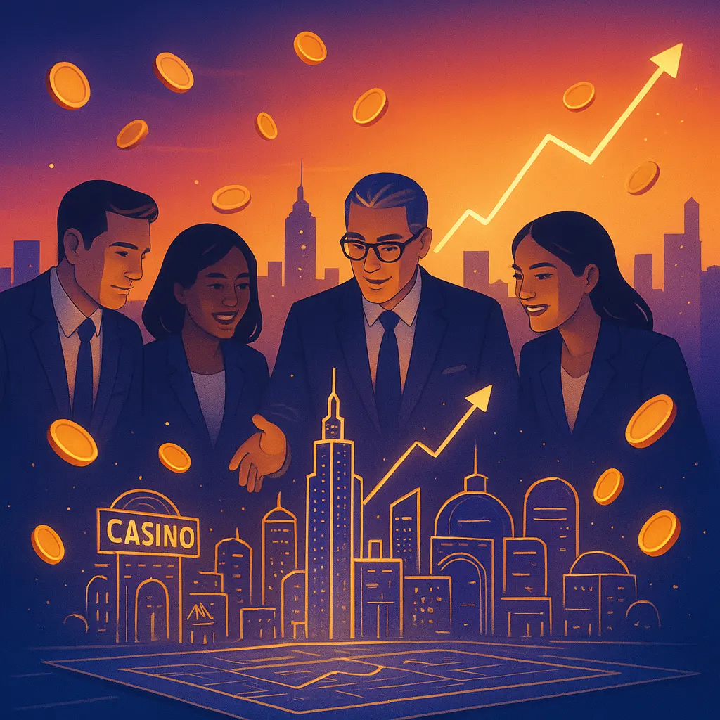 Four suited professionals discussing a glowing city skyline with a rising arrow and floating coins, suggesting growth in finance or gambling. l