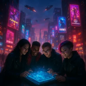 Four diverse friends huddle around a glowing blue holographic map in a neon-lit futuristic city street.