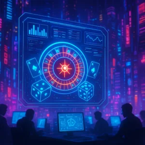 Futuristic control room with a glowing neon holographic roulette wheel and dice displayed on a large screen, while people work at computer terminals in the background.