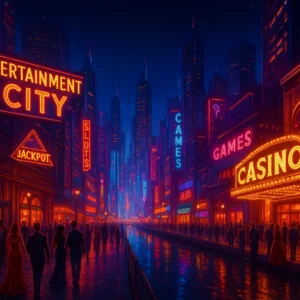 Nighttime neon-lit city street with casinos and crowds along a wet reflective avenue at night? Wait no question marks. Correction. Provide final.