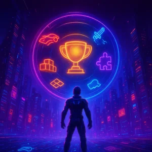 A person stands in a neon futuristic city, gazing at a glowing circle featuring a trophy and icons (rocket, puzzle piece) representing achievement and goals.