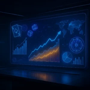 Futuristic blue holographic data dashboard with line and bar charts, pie chart, world map, and dice icons floating above.
