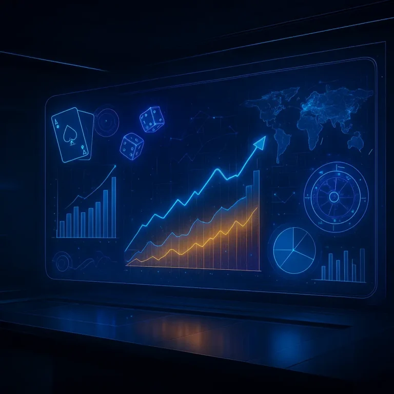 Futuristic blue holographic data dashboard with line and bar charts, pie chart, world map, and dice icons floating above.