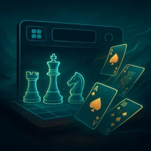 - 香港Gameone娛樂城全新會員福利 - 入金00即返送00! - 香港Gameone娛樂城全新會員福利 - 入金00即返送00! Neon-lit chess pieces and playing cards float above a glowing grid, near a futuristic device, symbolizing digital strategy games.