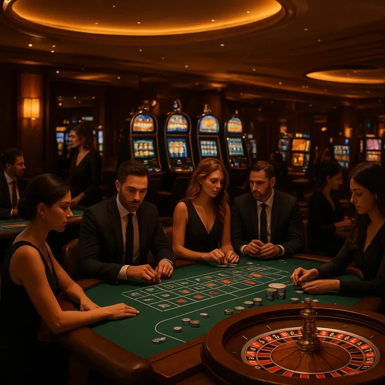 Five formally dressed adults sit around a green roulette table in a dim casino, placing bets. A roulette wheel and stacks of chips are visible in the foreground.
