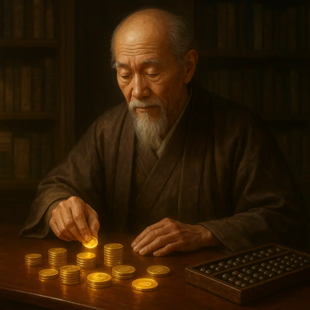 - 香港Gameone娛樂城全新會員福利 - 入金00即返送00! Old man counting gold coins on a wooden table, with an abacus nearby in a dim room.