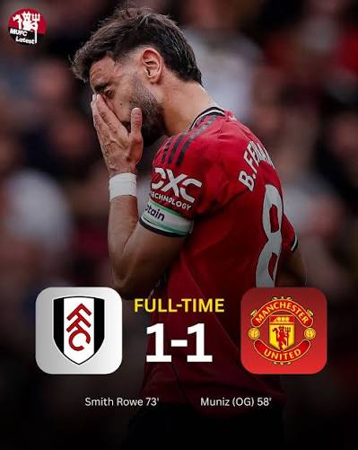 Post-match graphic: Fulham 1-1 Manchester United, player with hands on face, club crests on left and right, goals listed as Smith Rowe 73', Muniz OG 58'